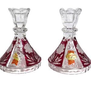Anna Harte Pair Bleikristall 24% Lead Crystal Ruby Red Cut Clear Candle Holders